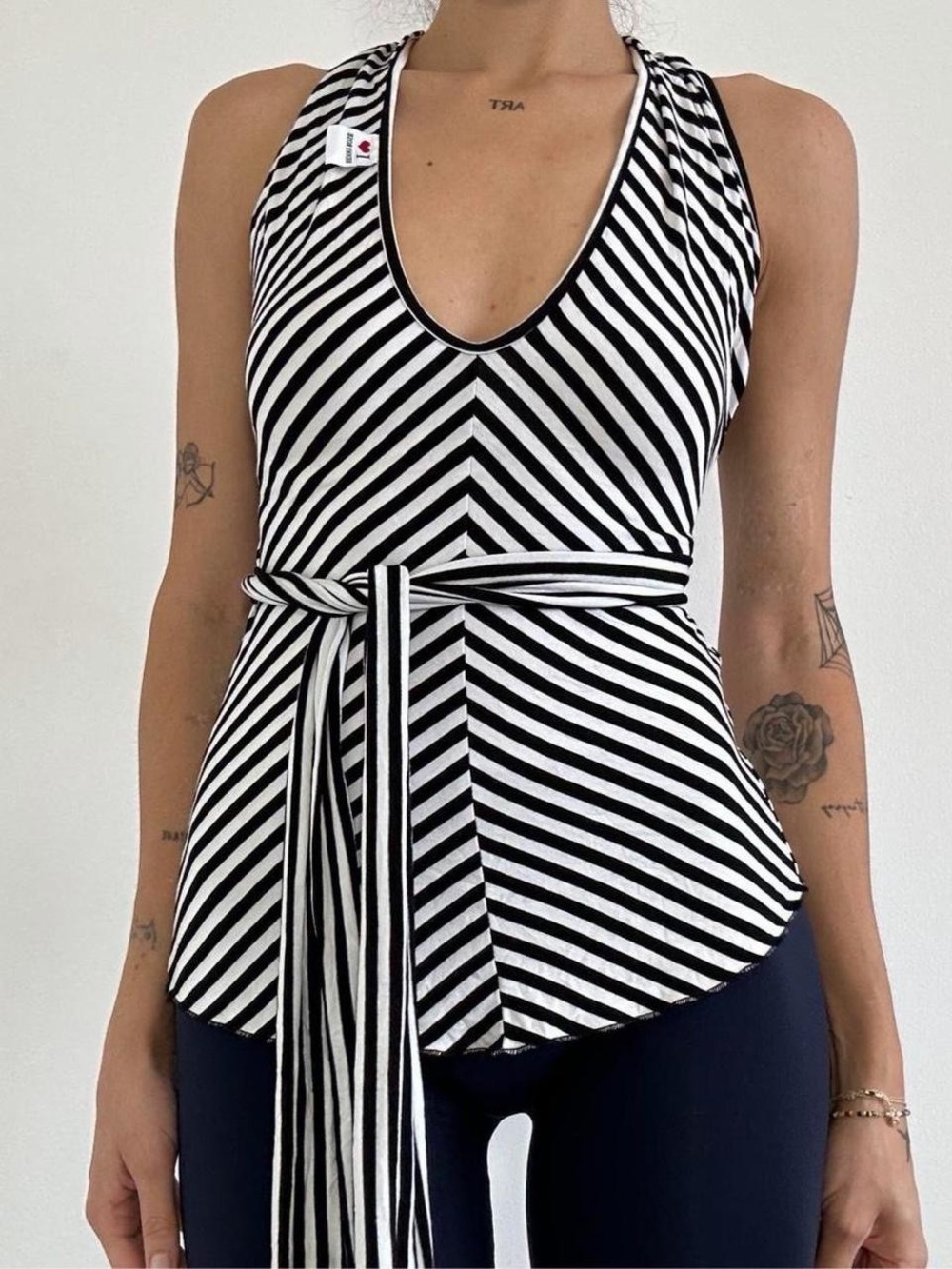 Denny Rose Striped Black & White Tie Up Top